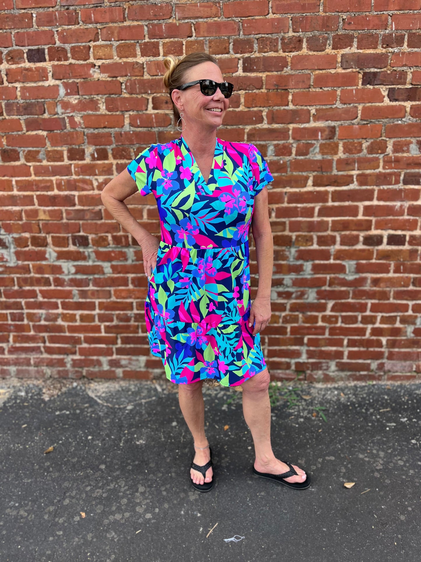 Natalia Tropical Print Short Sleeve Tiered Dress Aryeh