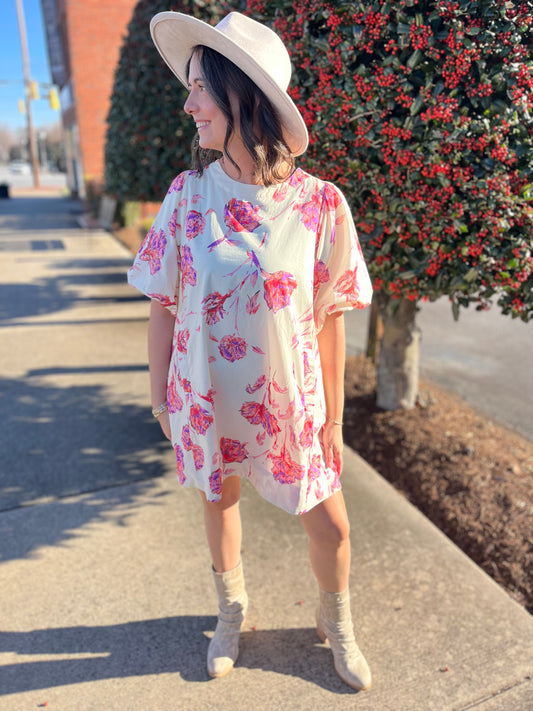 Umgee Cream Floral Print Puff Sleeved Dress