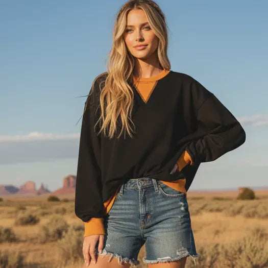 Contrast Layered V-Neck Sweatshirt - Black