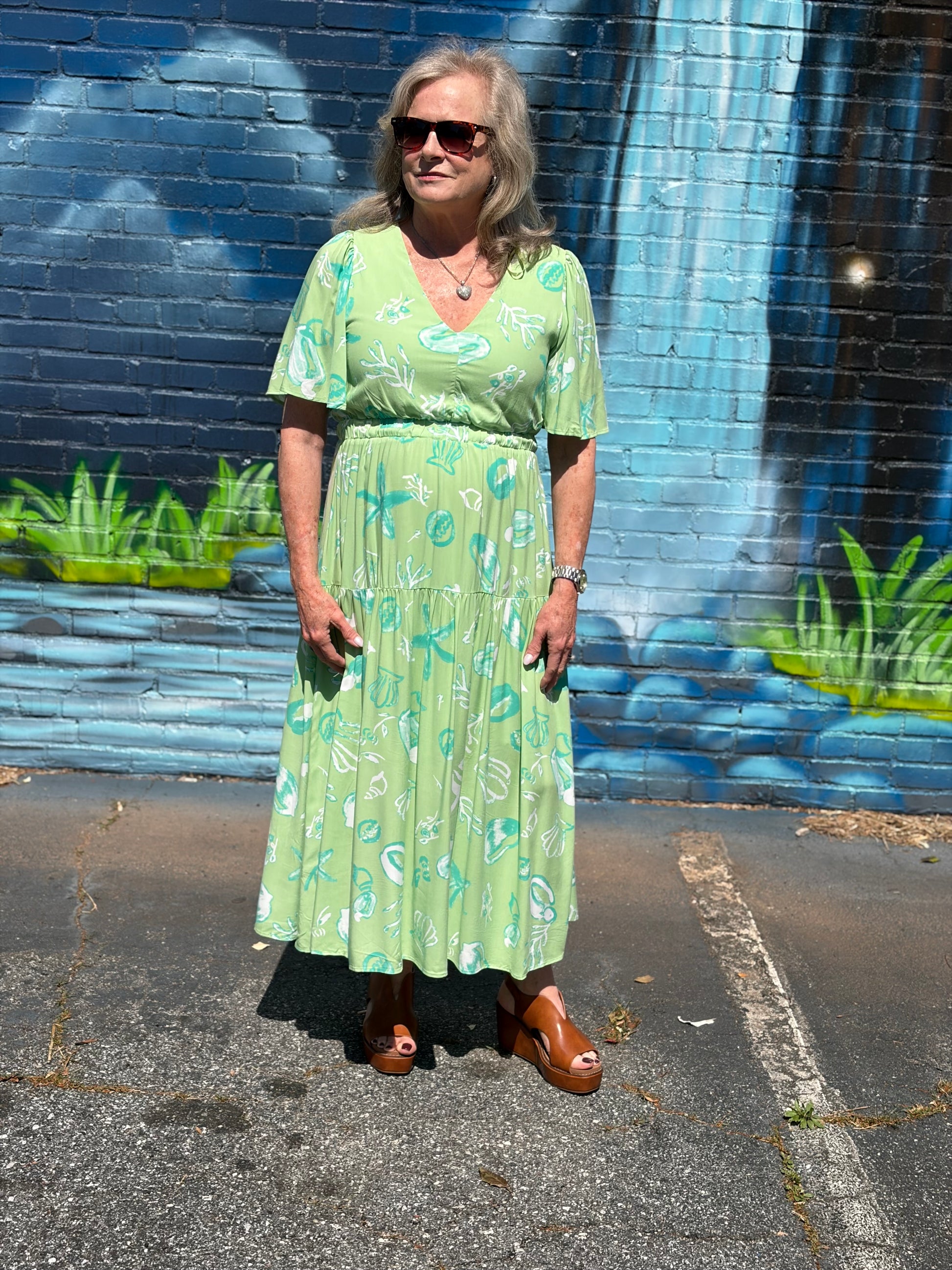 Coastal Motif Print Green V-Neck Midi Dress