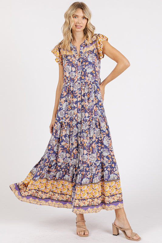 Flower Border Print Ruffle Sleeve Tier Maxi Dress