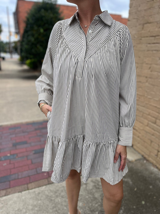 Charcoal Strip Long Sleeve Shirt Dress