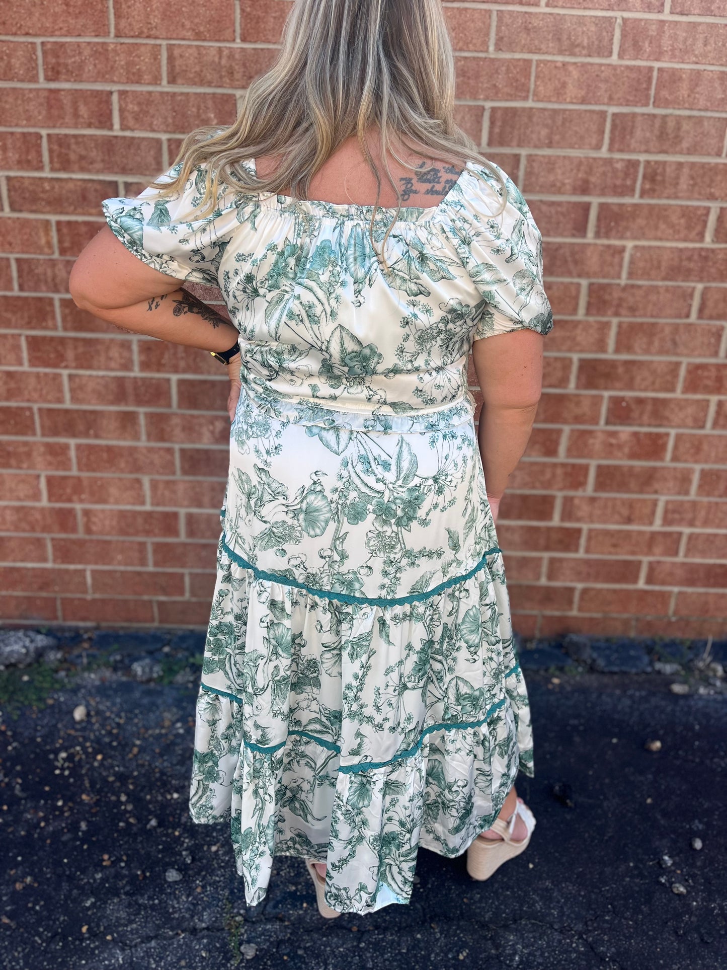 Plus Size Botanical Satin Tiered Dress with Lace Trim