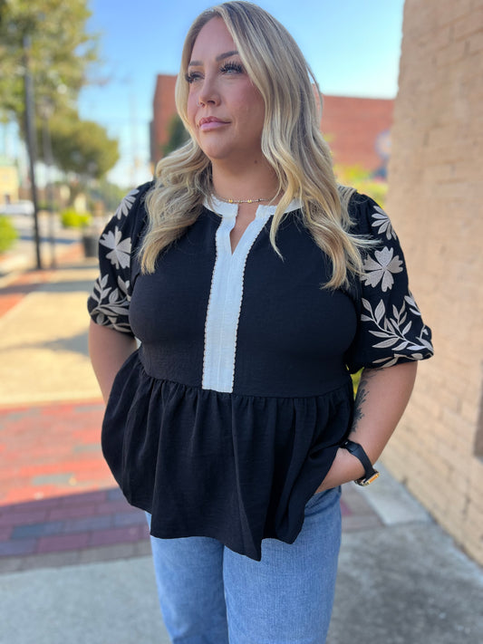 PLUS Oddi Puff Sleeve Peplum Blouse [Black] – Fall & Winter Tops