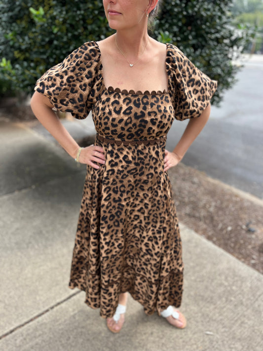 Cheetah Square Neck Bubble Sleeve Midi Dress