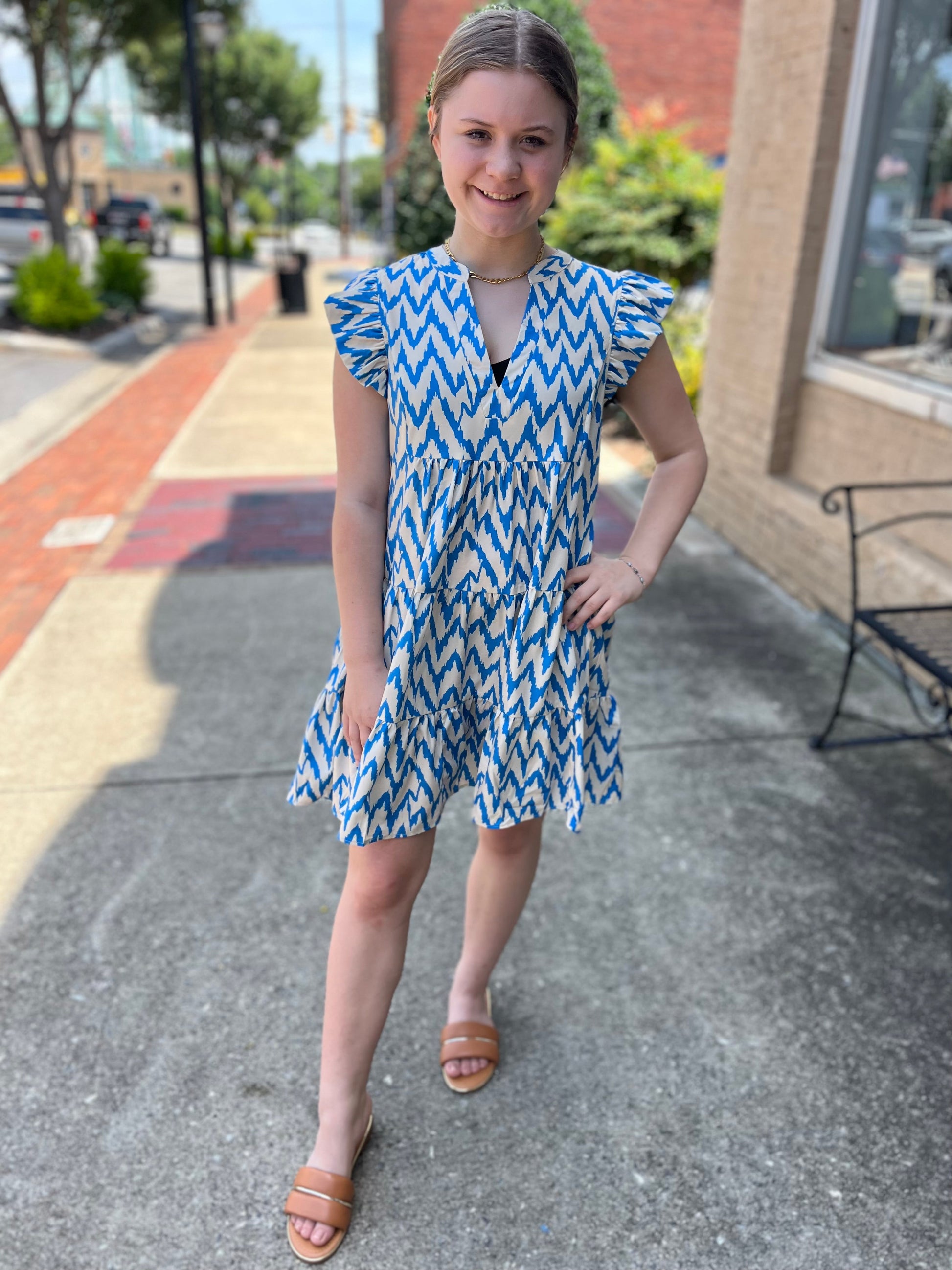 Umgee Blue Chevron Print Ruffle Sleeve Dress Umgee