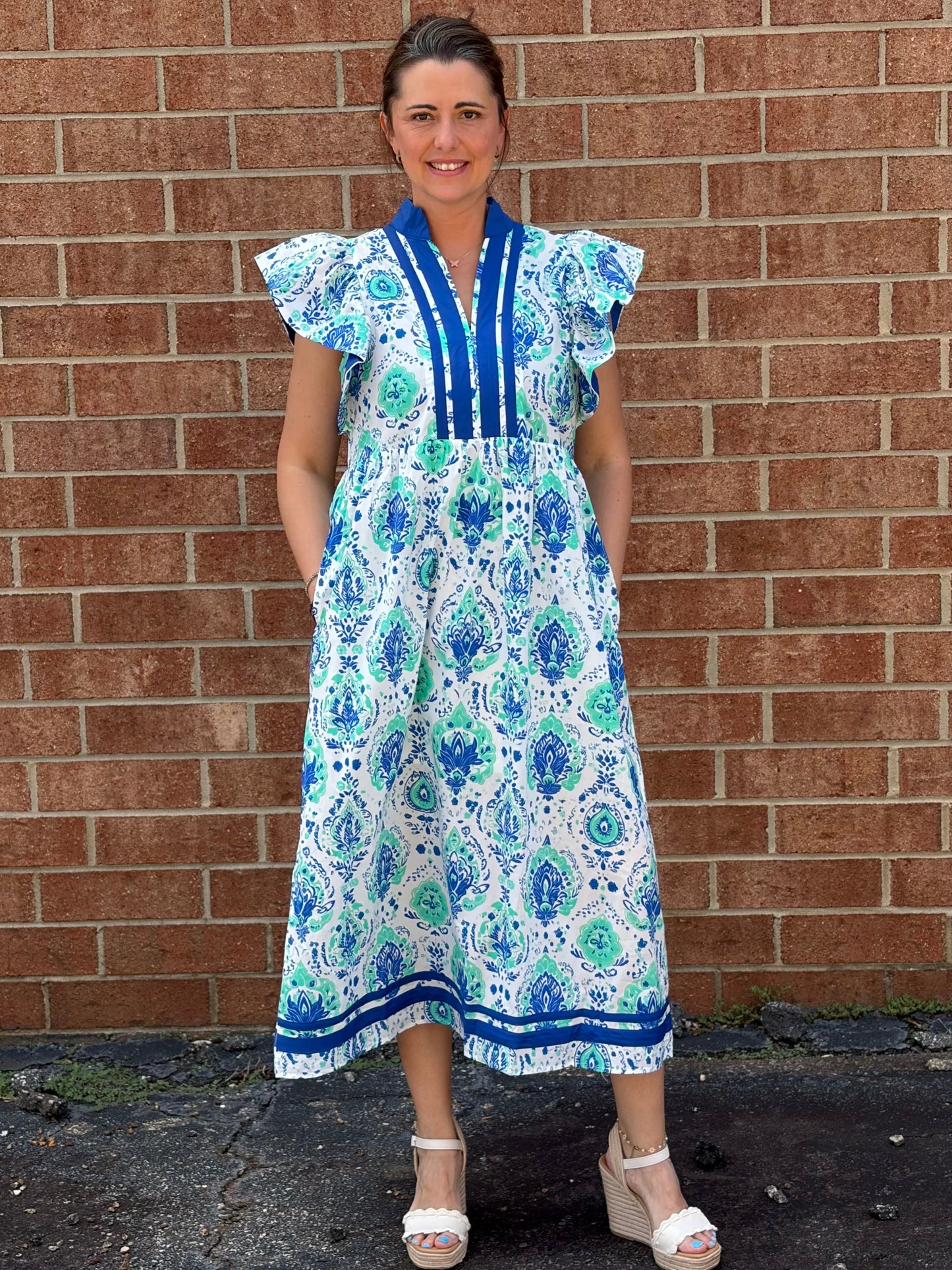 Entro Blue & Green Botanical Print Flutter Sleeve Midi Dress