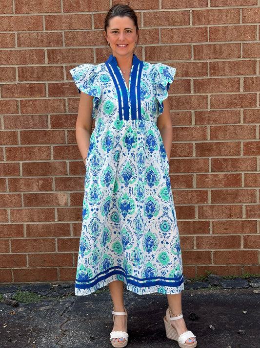 Entro Blue & Green Botanical Print Flutter Sleeve Midi Dress