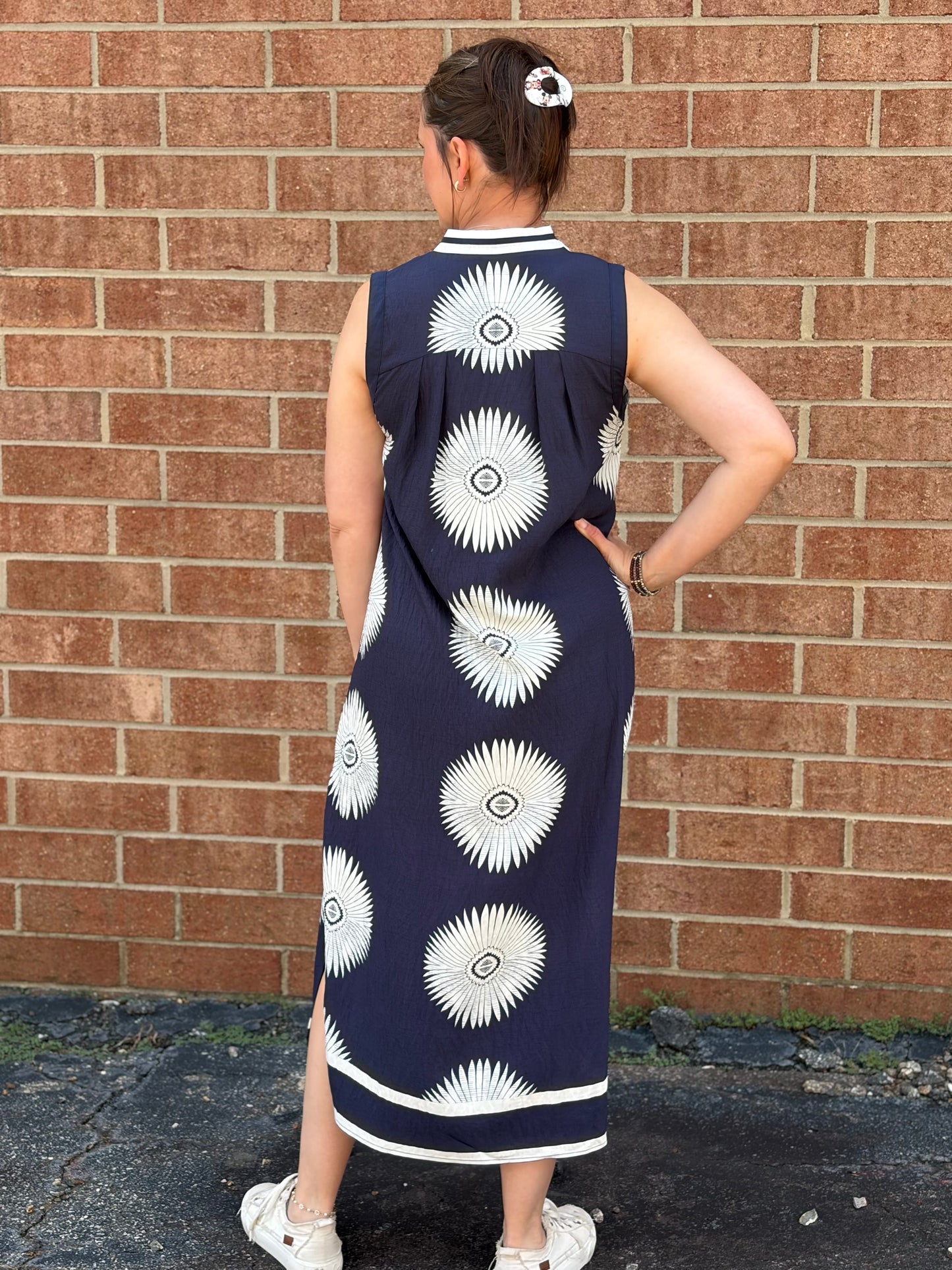 Umgee Navy Geometric Print Midi Dress – Sleeveless A-Line Dress with Pockets
