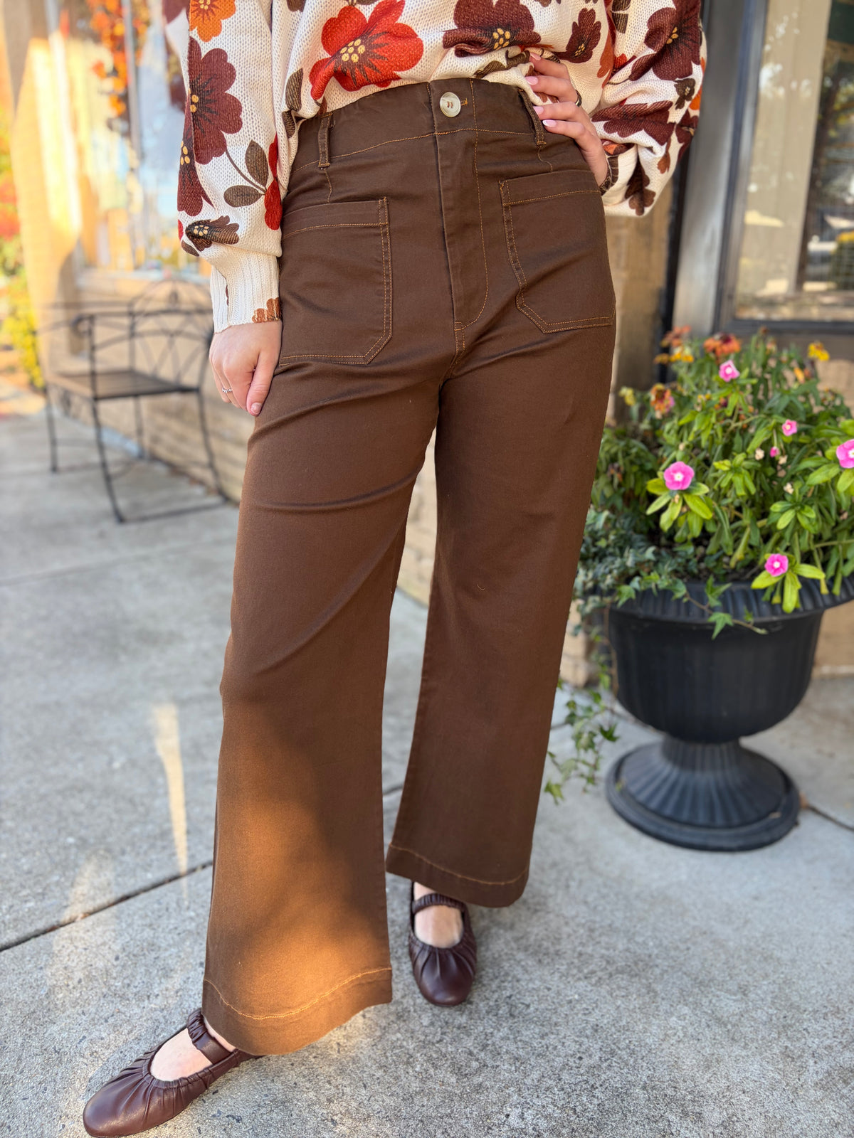She and Sky Brown Washed Stretch Wide Leg Pants with Pockets
