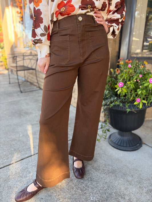 She and Sky Brown Washed Stretch Wide Leg Pants with Pockets
