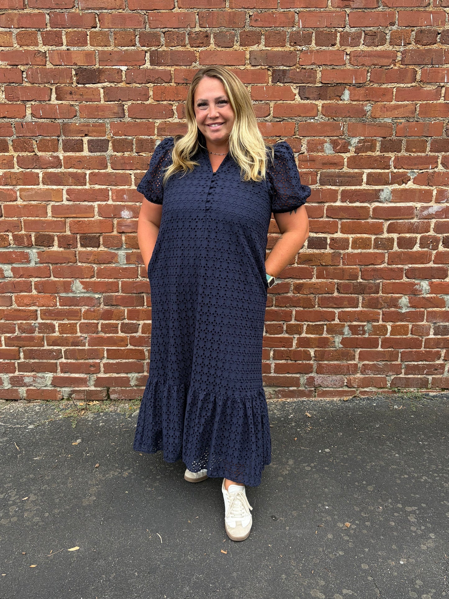 PLUS Entro Navy Eyelet Puff Sleeve Midi Dress with Pockets