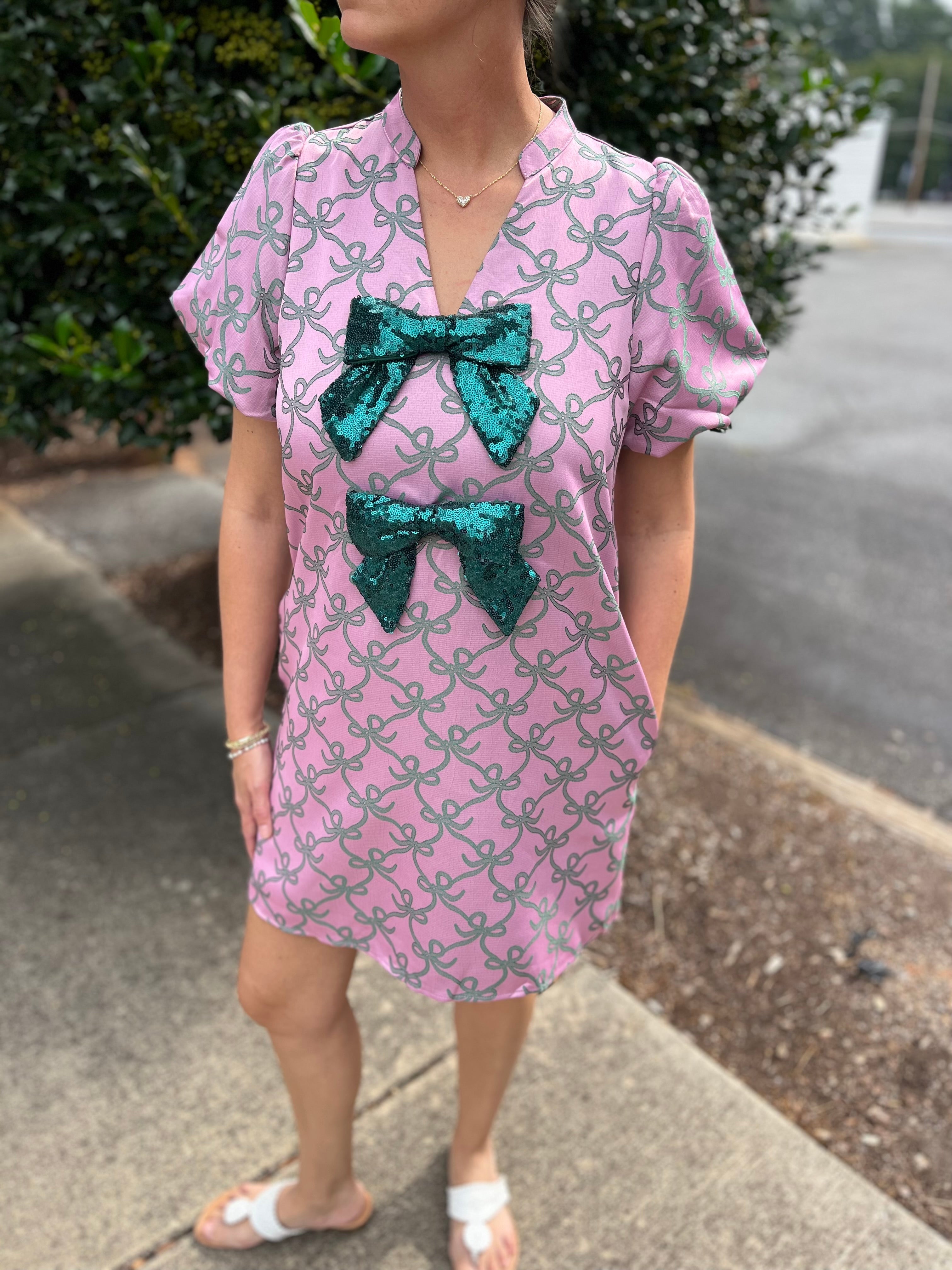 Jaquard Puff Sleeve Shift Dress with Sequin Bow – www
