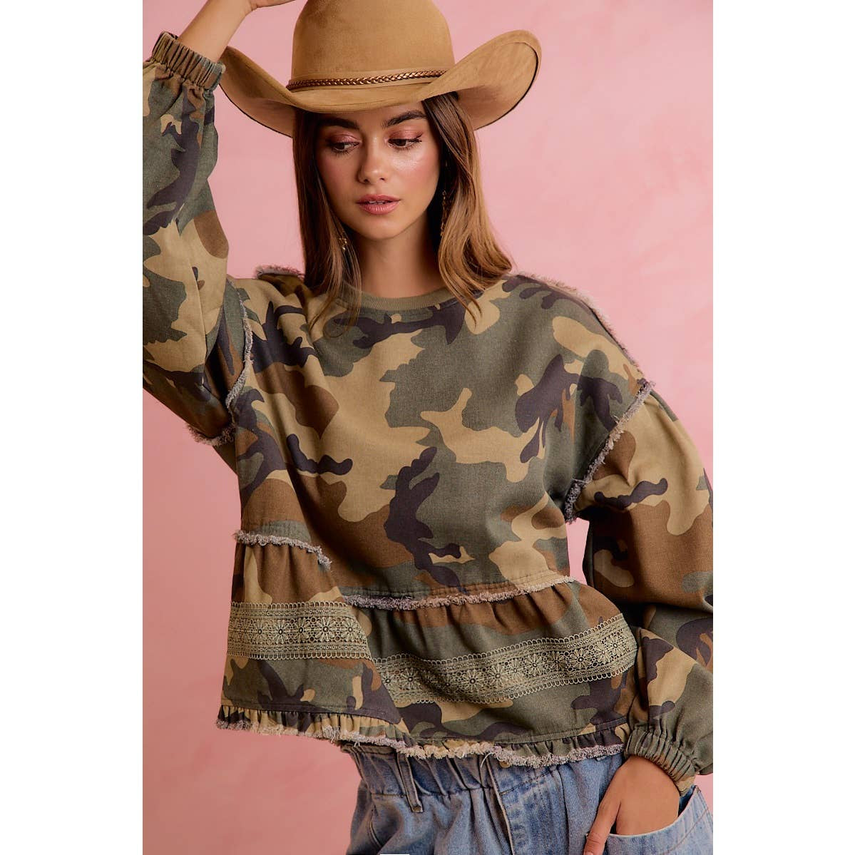 BiBi Camo Printed Tiered Ruffled Hem Top