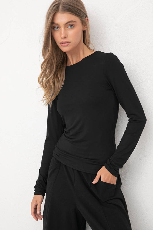 Wasabi + Mint Double Layered Long Sleeve Essential Top - Black