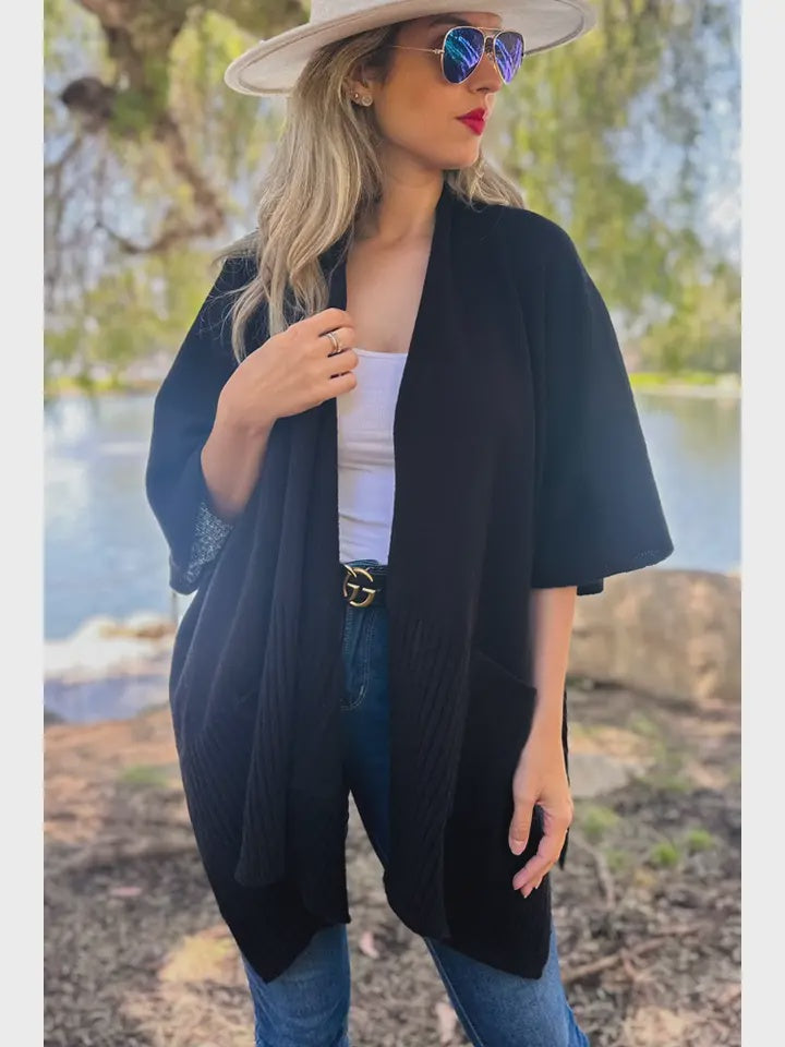 Black Pocket Detail Knit Kimono Cardigan