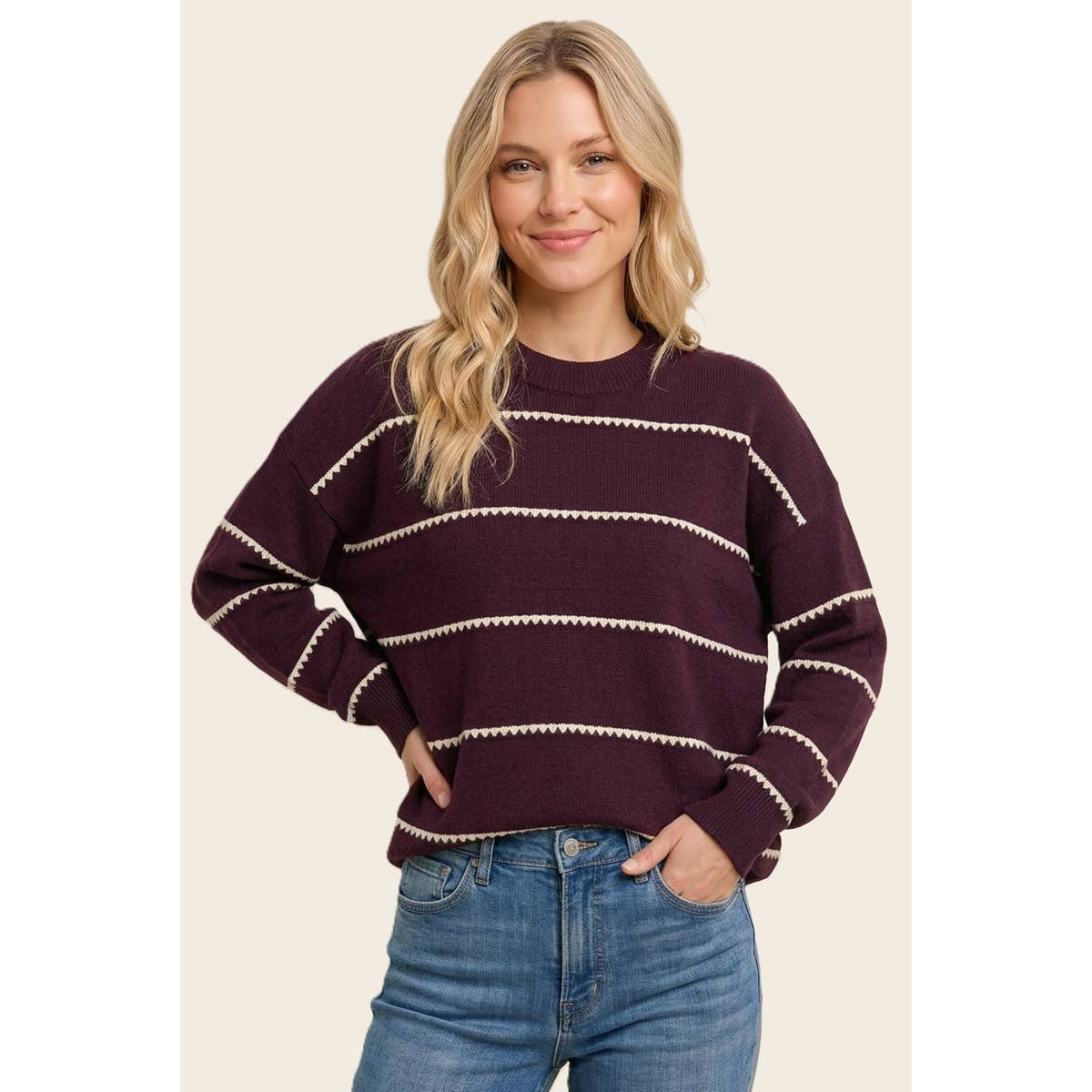 Staccato Plum Blanket Stitch Striped Sweater