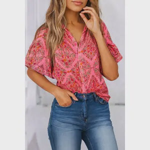 Ldc Floral Print Wide Short Sleeve Loose Shirt|Multicolor Rose Red
