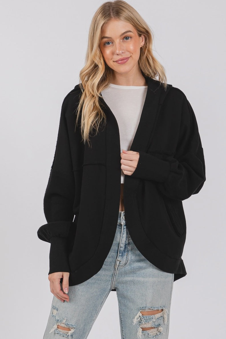 Washed Hooded Open-Front Cardigan – Black