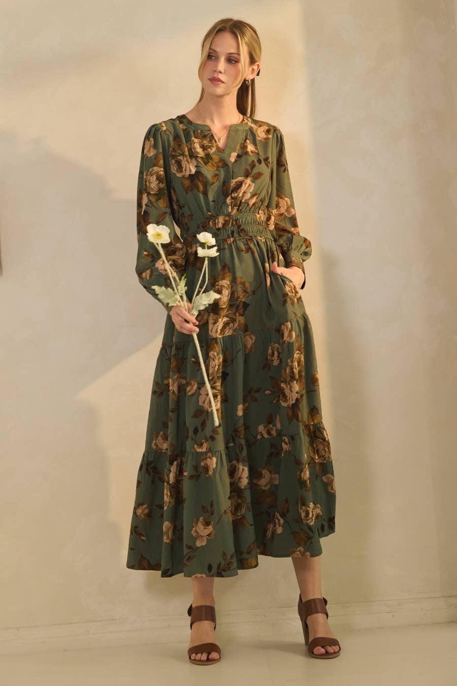 Oddi Deep Sage Floral Tiered Maxi Dress