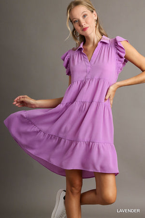 Lavender Umgee Dress with Flutter Sleeves and Collar A0623