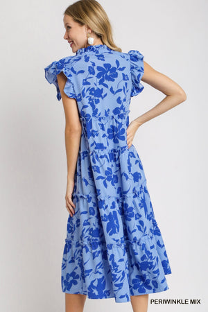 Royal Blue  Floral Umgee Tiered Maxi Dress with Flutter Sleeves