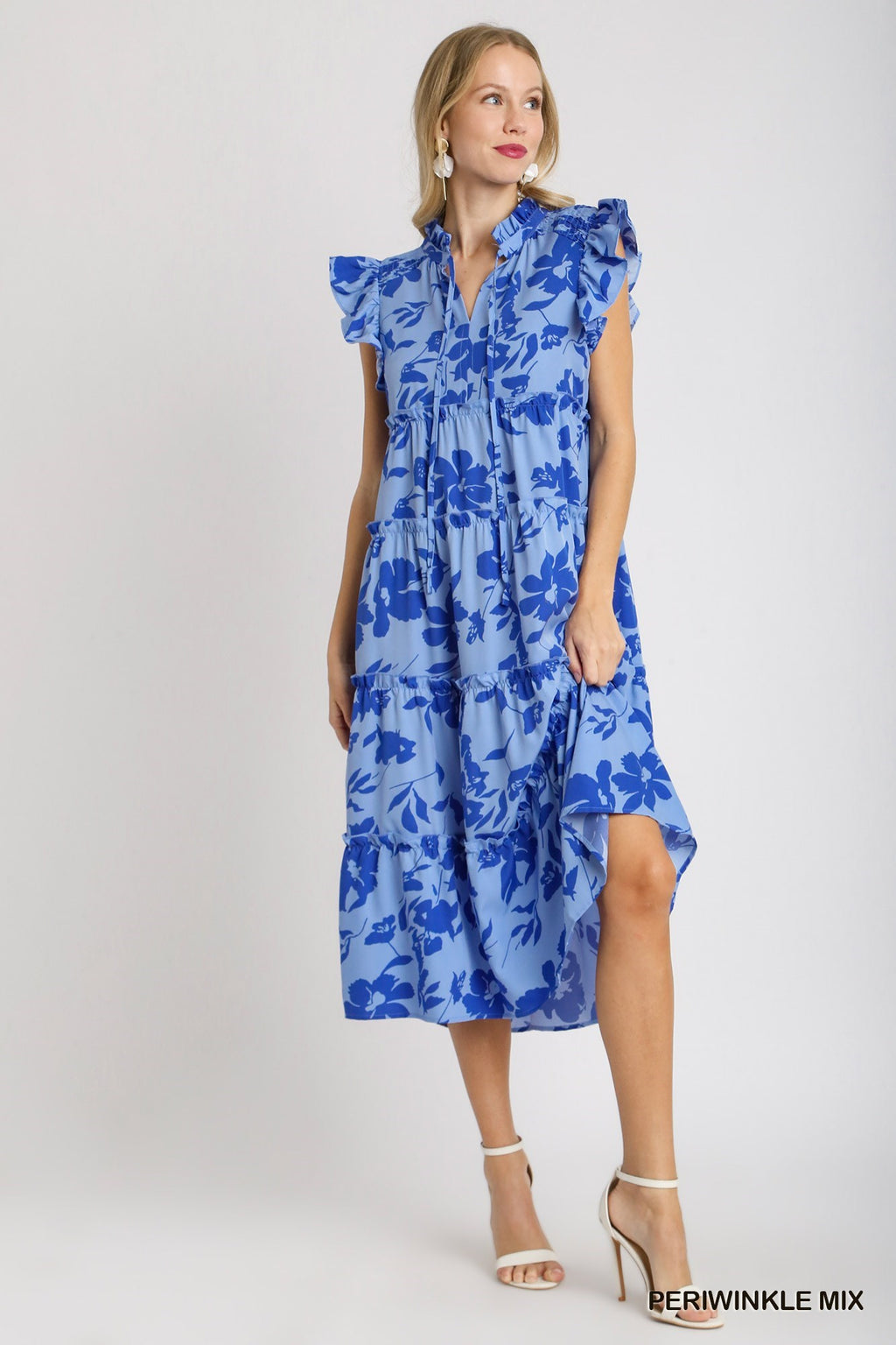 Royal Blue  Floral Umgee Tiered Maxi Dress with Flutter Sleeves