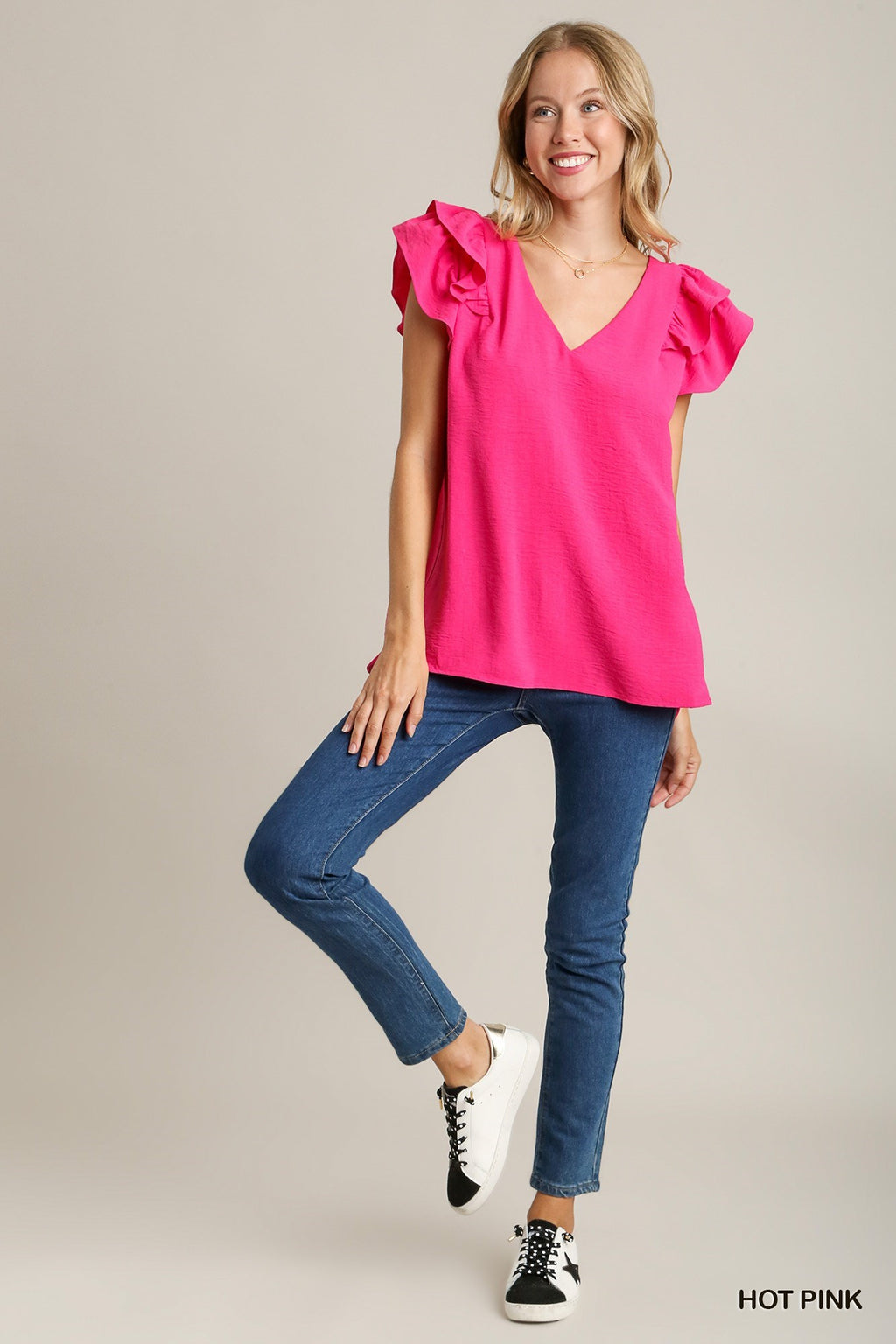 Umgee Hot Pink V Neck Double Layered Top with Short Flutter Sleeves A0727