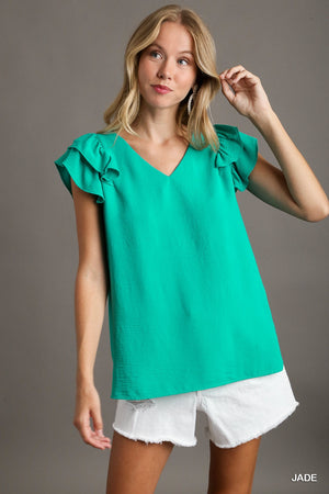 Umgee Jade V Neck Double Layered Top with Short Flutter Sleeves A0727