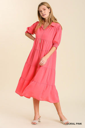 Umgee Coral Collared Tiered Maxi Dress with Cuffed 3/4 Sleeves