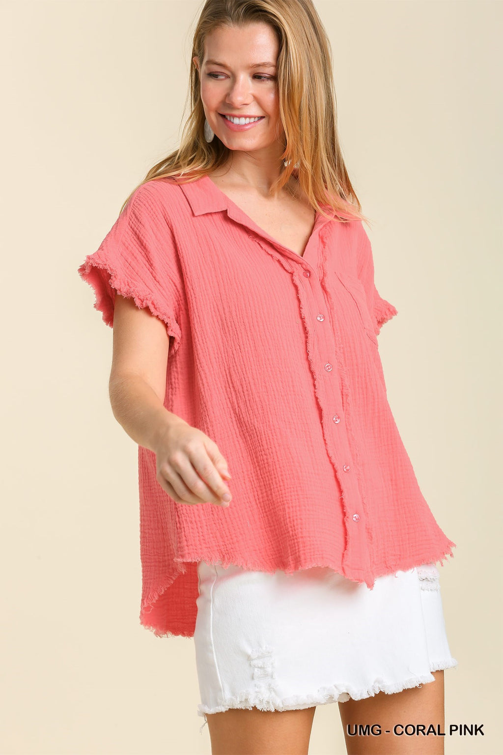 Coral Umgee Linen Blend Button Up Top with  Fringe Edge
