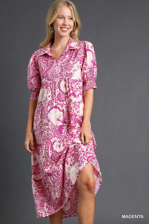 Umgee Magenta Paisley Print Dress with Puff Sleeves A0855