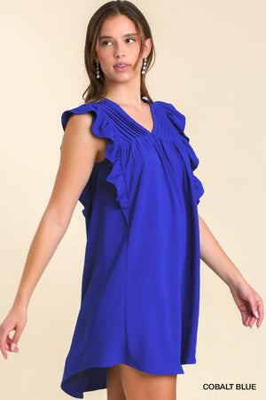 Cobalt Blue Umgee V-Neck Shift Dress with Ruffle Sleeves and Pleat Detail A0896