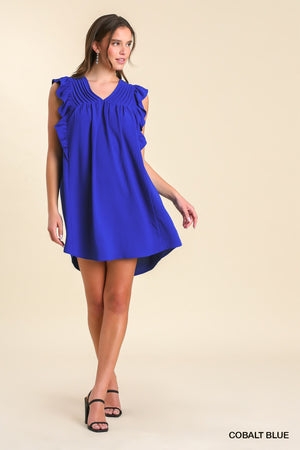 Cobalt Blue Umgee V-Neck Shift Dress with Ruffle Sleeves and Pleat Detail A0896
