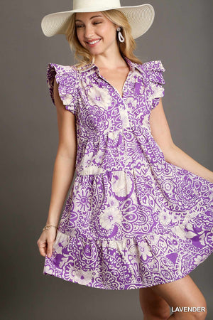 Umgee Lavender Paisley Print Dress with Flutter Sleeves A0953