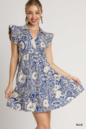 Umgee Blue Mixed Print Dress with Flutter Ruffle Sleeves A0953