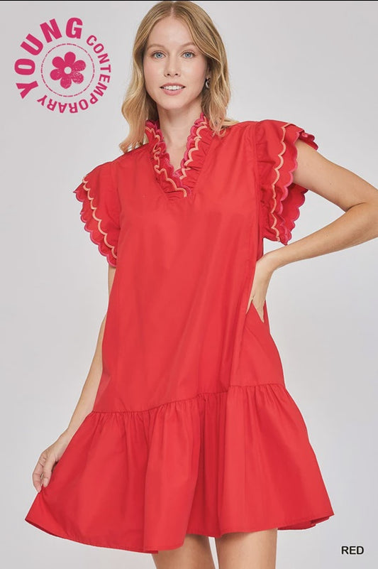 UMGEE RED SLEEVELESS DRESS WITH SCALLOPED RUFFLE