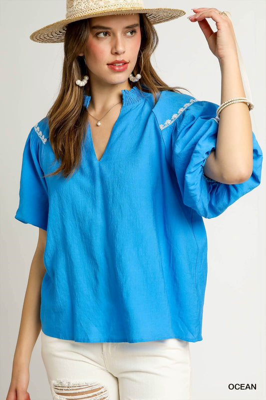 Umgee Boho Chic Embroidered Blouse - Ocean Blue