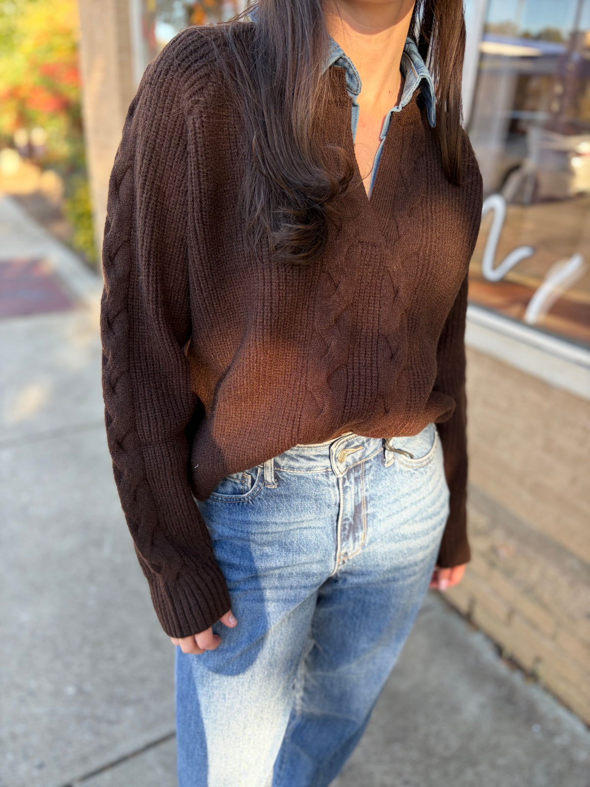 She and Sky Brown Cable Knit Sweater with Washed Denim Collar