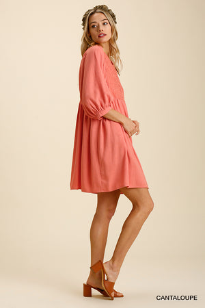 Cantaloupe Linen Blend Umgee Dress with Button Front, Embroidered Yoke and 3/4 Puff Sleeves