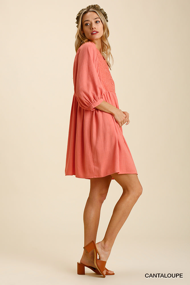 Umgee Soft Coral Dress with Lace Bodice and 3/4 Sleeves