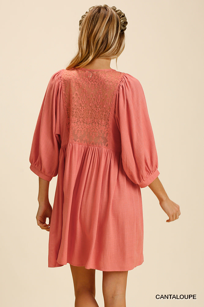 Umgee Soft Coral Dress with Lace Bodice and 3/4 Sleeves