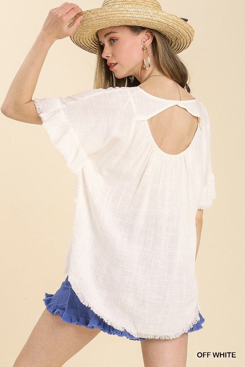 Umgee Off White Linen Blend Top with Round Neck Ruffle Sleeves Cut Out Back A6606