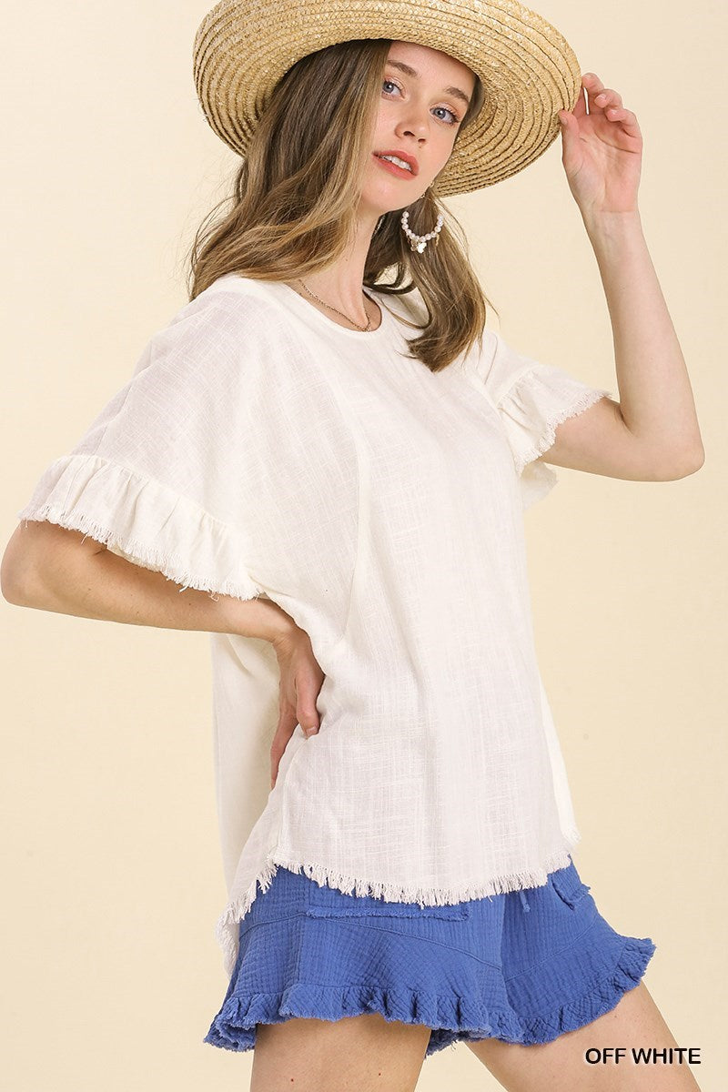 Umgee Off White Linen Blend Top with Round Neck Ruffle Sleeves Cut Out Back A6606