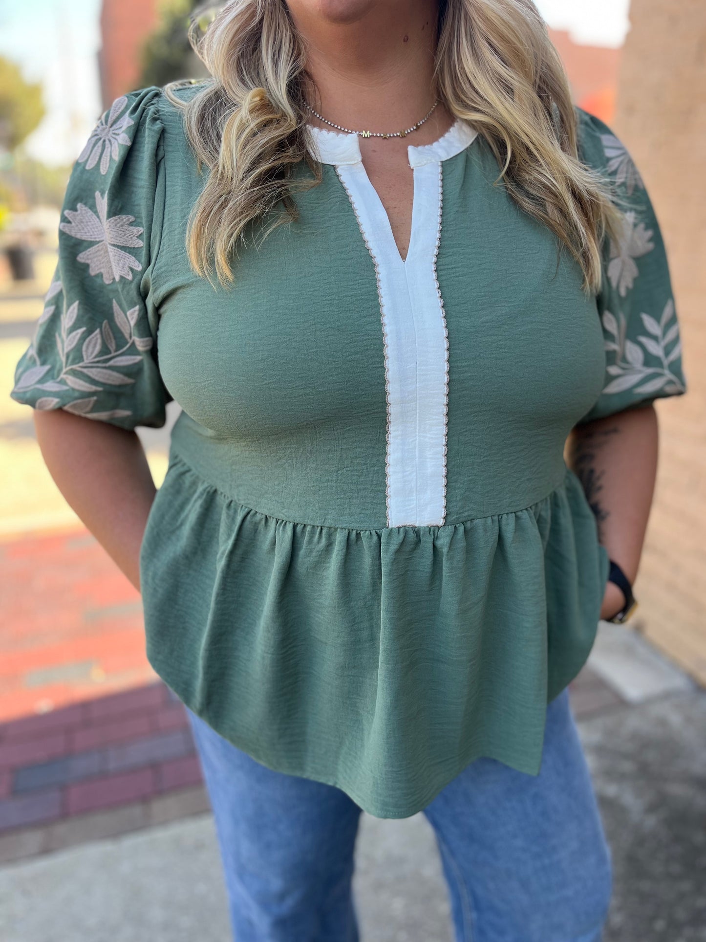 PLUS Oddi Puff Sleeve Peplum Blouse [Basil Green] – Fall & Winter Tops