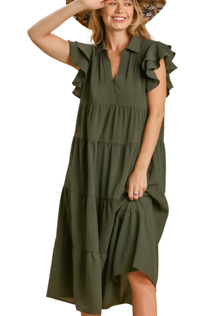 Umgee Olive Green Midi Dress with Collar