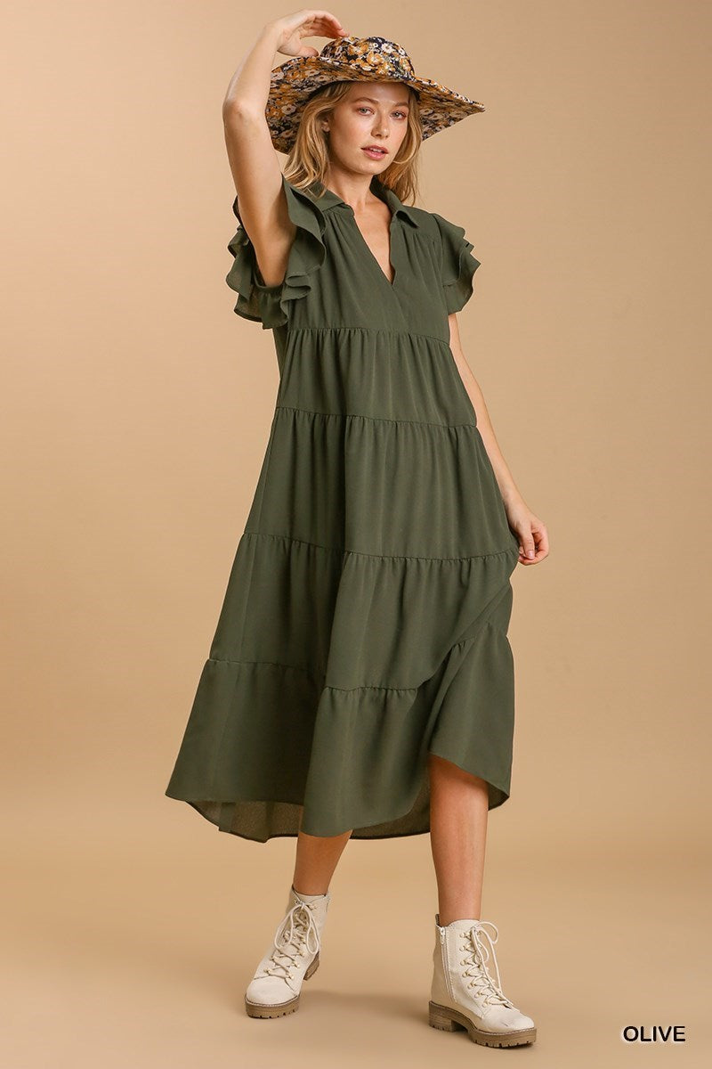 Umgee Olive Green Midi Dress with Collar