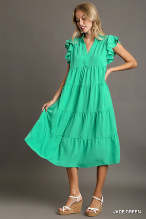 Jade Umgee Midi Dress with Flutter Sleeves and Collar A6973