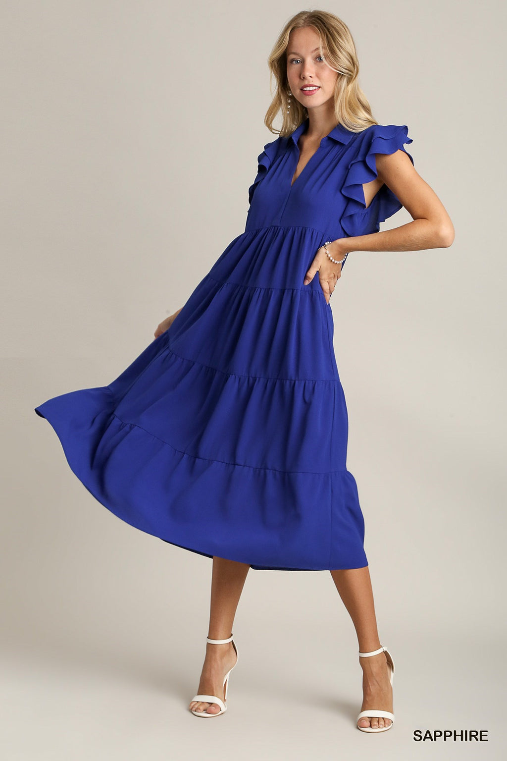 Sapphire Umgee Midi Dress with Flutter Sleeves and Collar A6973