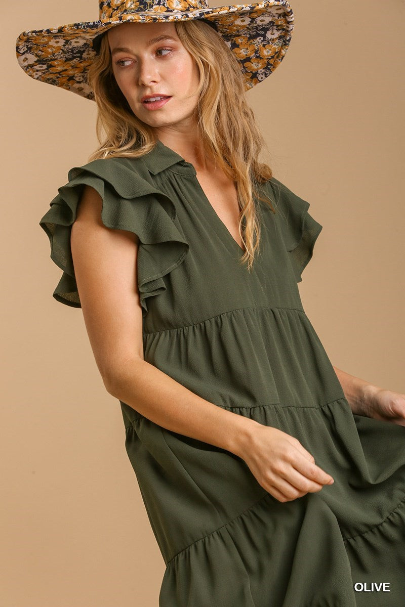 Umgee Olive Green Midi Dress with Collar